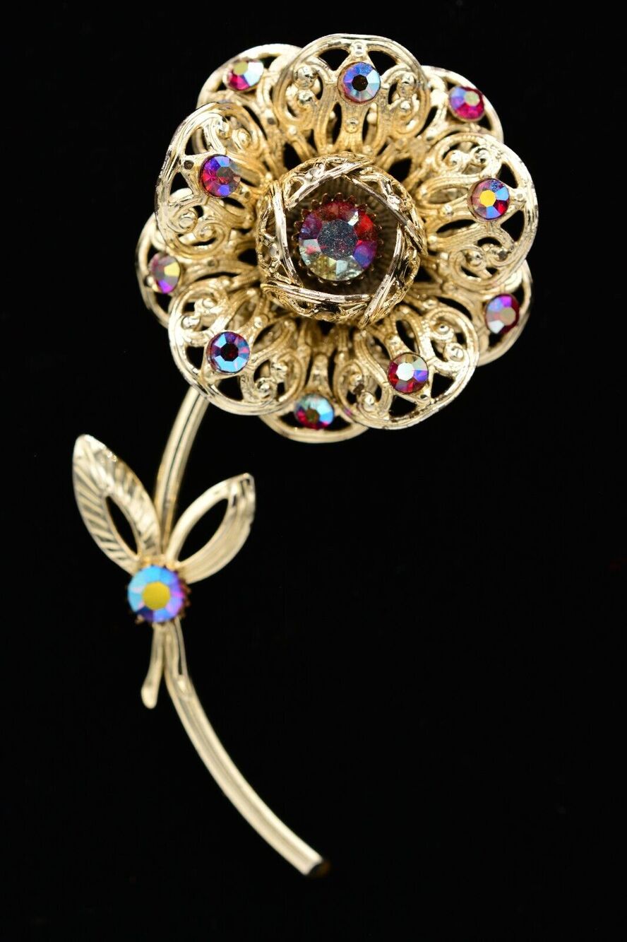 Sarah Cov Long Stem Flower Red AB Rhinestone Crystal Gold Signed 1980s BinAC